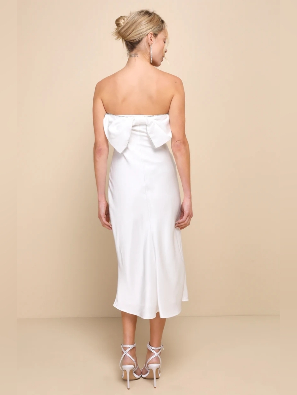 Lulus Luxe Crush White Satin Rhinestone Bow Strapless Midi Dress XL Wedding - Picture 5 of 11